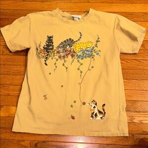 VTG Classy Lady Cat Print T-Shirt Tan Size Large Crazy Cat Cottage Novelty